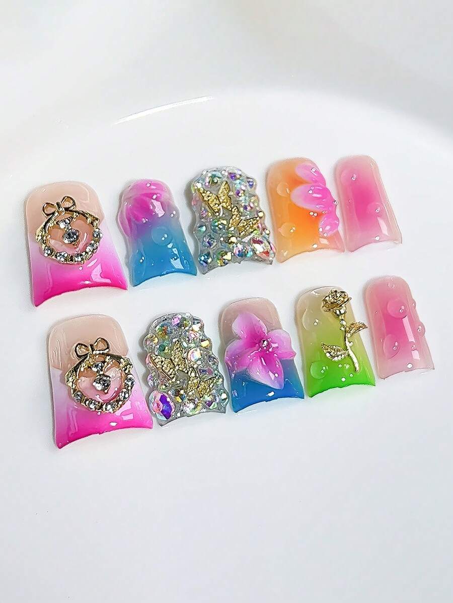 10pcs Y2K Duckbill Nails 3D Flower Decoration Ice Transparent Blush Rhinestone Handmade Acrylic Press On Nails, Long Duckbill Fake Nails With Jelly Glue And Nail File, DIY Nail Art Supplies Valentine's Day School Music Festival Travel