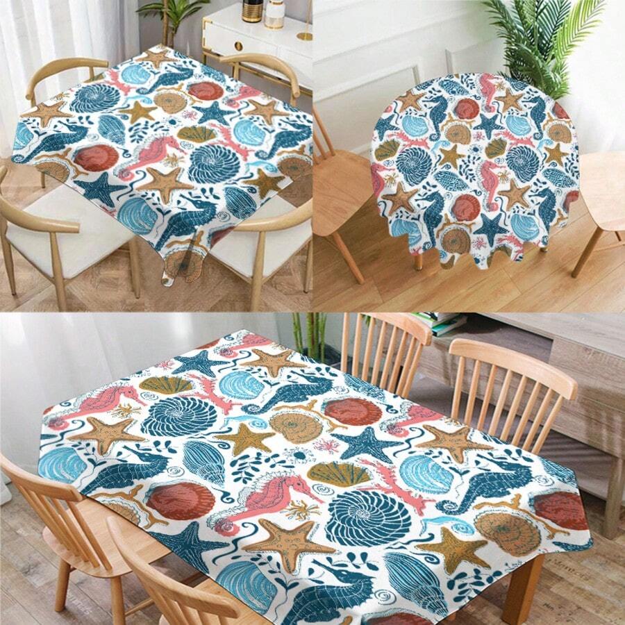 1 pieza Mantel con estampado de serie marina, moderno mantel rectangular/redondo de poliéster impermeable, estampado digital adecuado para sala de estar, comedor al aire libre, mesa redonda pequeña
