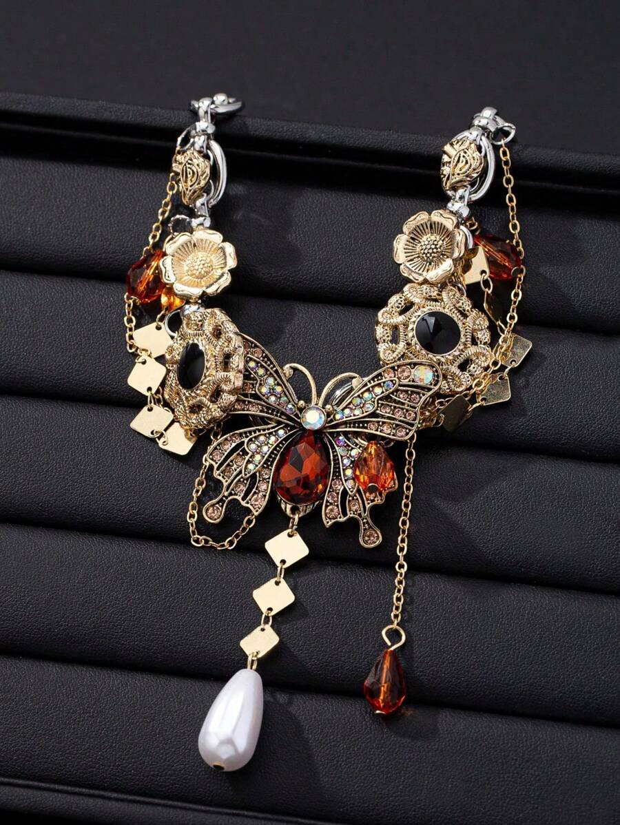 1pc Vintage Distressed Gold Bow Flower Cubic Zirconia Choker Necklace For Women, Party & Daily Wear Jewelry