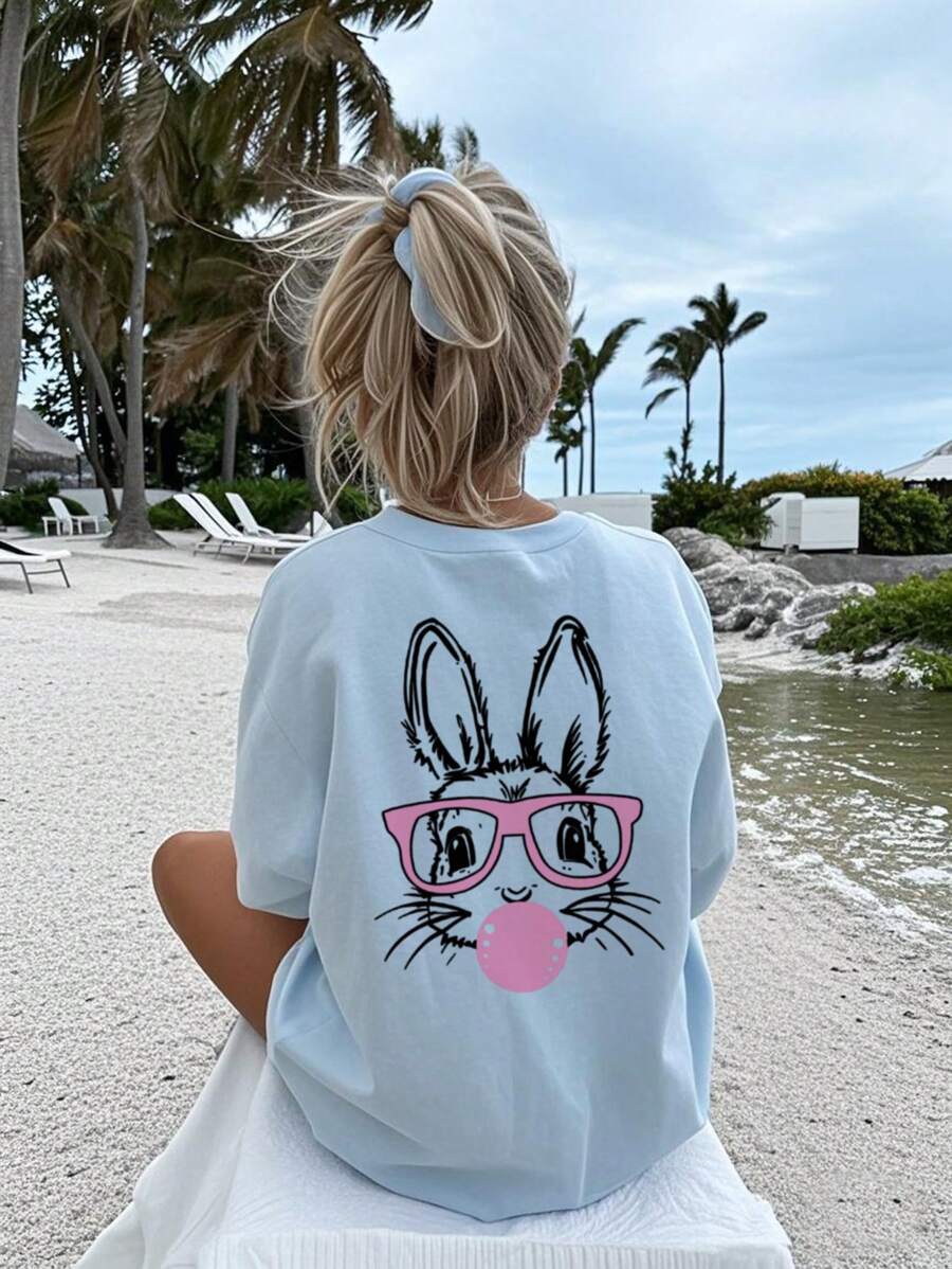 A Casual Printed Round Neck Pullover Short Sleeved T-Shirt For Girls And Boys, Designed For Summer Students And Young Children's Clothing - Cute, Glasses Wearing, Rabbit Animal Series, Artistic Style T-Shirt That Inspires Imagination And Self-Expression! Kids Clothes Girls Graphic Tees Summer Tops Tween Girl Clothes
