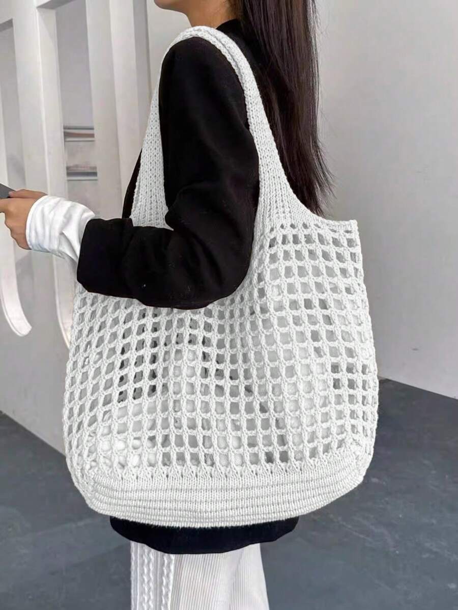 Women's Hollow Knit Shopping Tote Bag, Crochet Handbag, Large Capacity Portable Storage Bag, Suitable For Travel, Outdoor, School Use, Beach Vacation Or Easy Carry, Mother's Day Gift