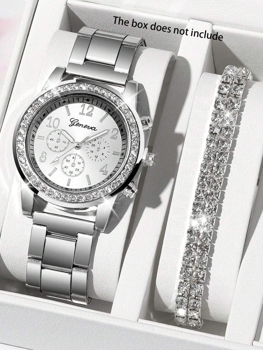 3 Stücke modische und vielseitige Quarzuhr für Frauen mit Drei-Augen-Zifferblatt, Stahlarmband, Diamanten, Kreisförmiges Zifferblatt, Stahlarmband, digitale Skala, Strass-Schmuckarmband, perfektes Geschenk, geeignet als Urlaubsgeschenk, ohne Verpackungsbox