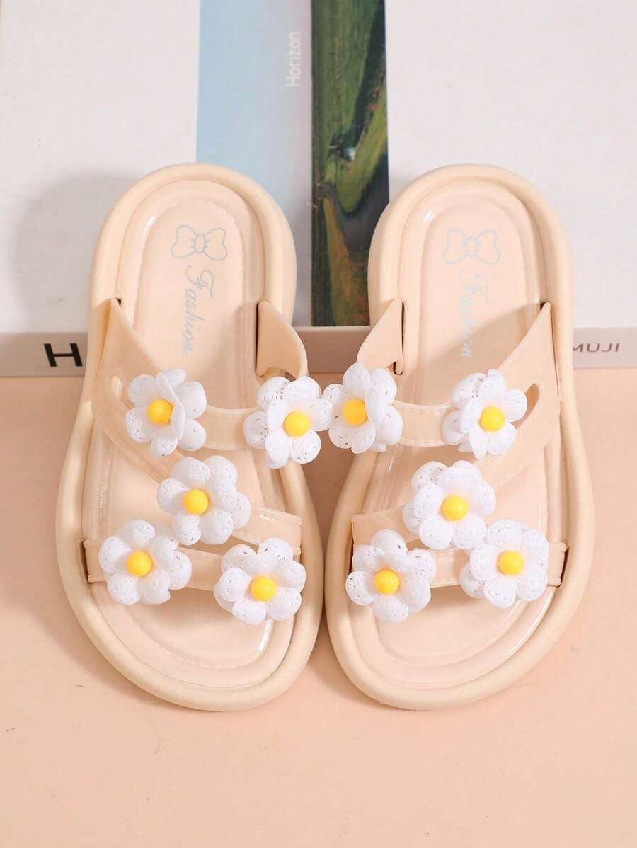 1 Pair Girls 2-8 Years Floral PVC Anti-Slip Water Sandals, Flat Princess Style Beach Slippers