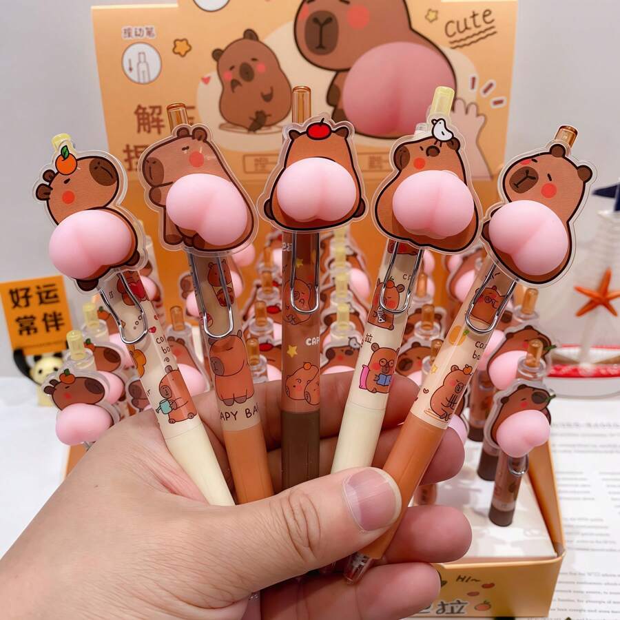 1pc/5pcs/10pcs Cartoon Kabi Bala Easy Grip Pens Creative Stress-Relieving Pinching Fun Gel Pen Simple Style Gel Pen, Cute Pressable Signature Pen