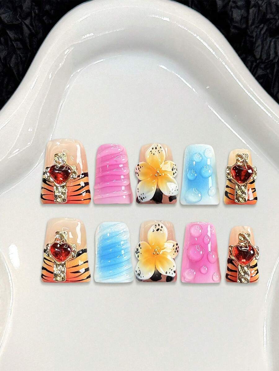 10pcs Duckbill 3D Blush Embossed Floral Leopard Print French Handmade Acrylic Press On Nails, Love Rhinestones Decorated Short Duckbill Fake Nails With Jelly Glue And Nail File, DIY Nail Art Supplies Valentine'S Day School Music Festival Travel