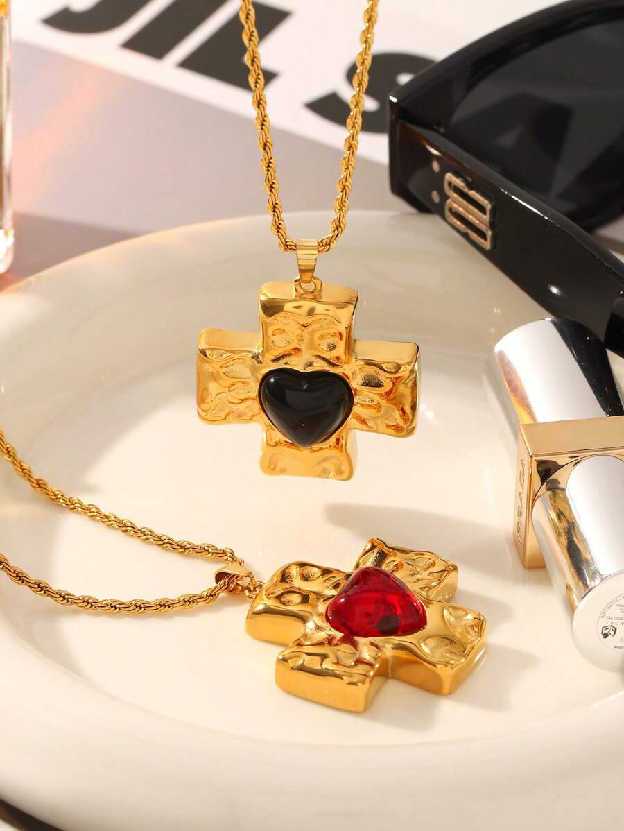 1 pieza/2 piezas, Collar con dije de cruz de acero inoxidable chapado en oro de 18k con ágata roja y obsidiana negra, joyería de lujo clásica de acero inoxidable para mujer, regalo para boda, graduación o festivo