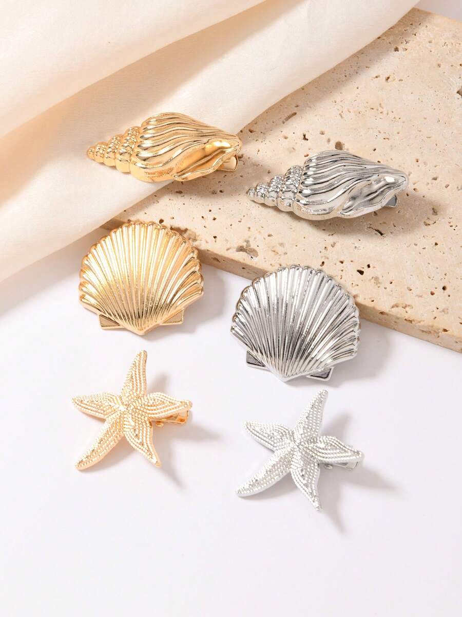 3 peças/6 peças Grampo de Cabelo Feminino de Metal Moda Personalizado Elegante Acessórios de Cabelo Estilo Y2K Grampo de Cabelo Decorativo em Formato de Concha Caurim e Estrela do Mar, Itens Escolares
