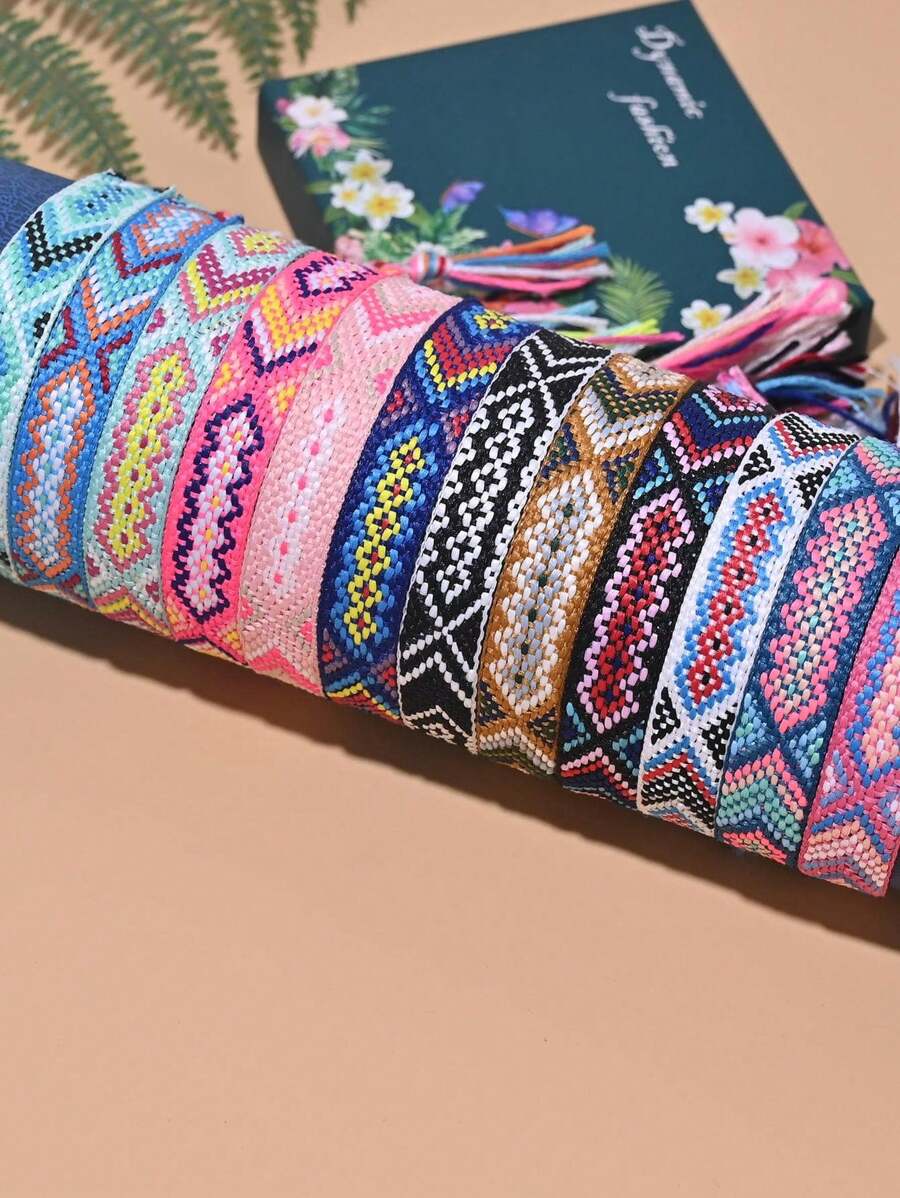 Pulseira da amizade com 12 peças, estilo boho boêmio, feita à mão, ajustável, com pingentes, para meninas, joias