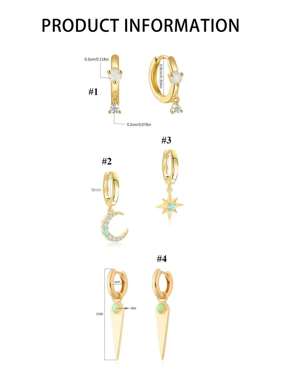 FOREVER QUEEN 1 pièce Boucle d'oreille créole en argent sterling 925 avec lune en opale et étoile, avec pendentif pour femmes et filles. Petite boucle d'oreille créole avec charm pendante pour un usage quotidien.