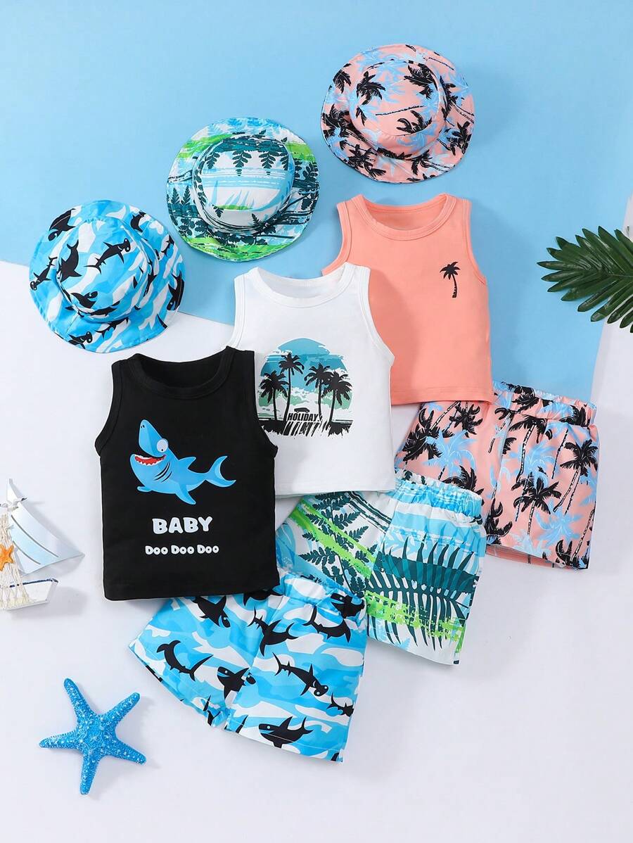 Set casual da spiaggia da 9 pezzi per bambini maschi, composto da canotta senza maniche con stampe di squali e palme + pantaloncini stampati