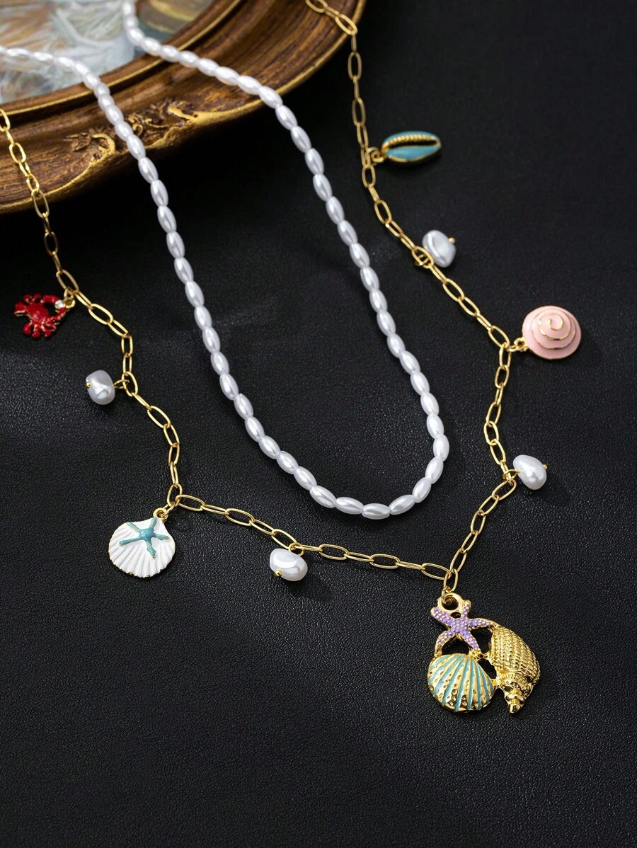 1pc Double Layer Pearl Beaded Bamboo Joint Layered Necklace With Starfish, Shell, Crab Pendants, Ocean Holiday Style For Women, Suitable For Beach Party