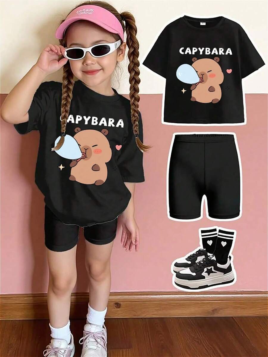 Young Girl Cartoon Graphic Print Short Sleeve T-Shirt And Bike Shorts Set
