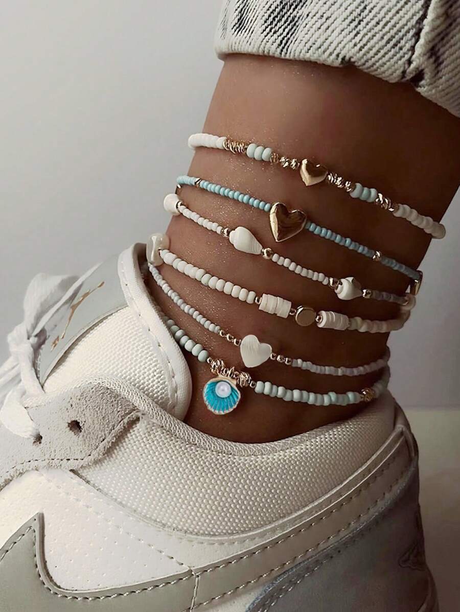 6pcs Handmade Beaded Anklets With Seashells, Starfish And Pearl Pendants, Bohemian Beach Jewelry Set
