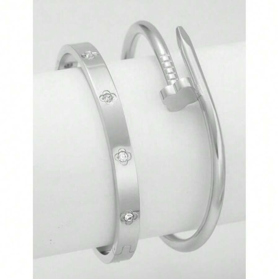 2 piezas de juego de pulseras de acero inoxidable de mujer de alta gama con trébol de cuatro hojas de estilo lujoso y moderno, versátil y adecuado para uso diario o como regalo