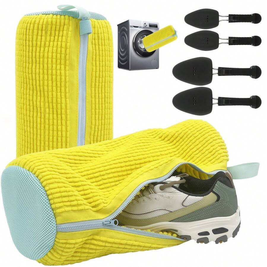 Bag For Washing Shoes In A Machine, Featuring 360° Cleaning Capabilities. Includes Adjustable Shoe Trees For Two Pairs, Enhanced Durable YKK Zippers, And Over 12,000 Fluffy Fibers Suitable For Machine-Washable Sneakers, Among Other Items, Laundry Bags
