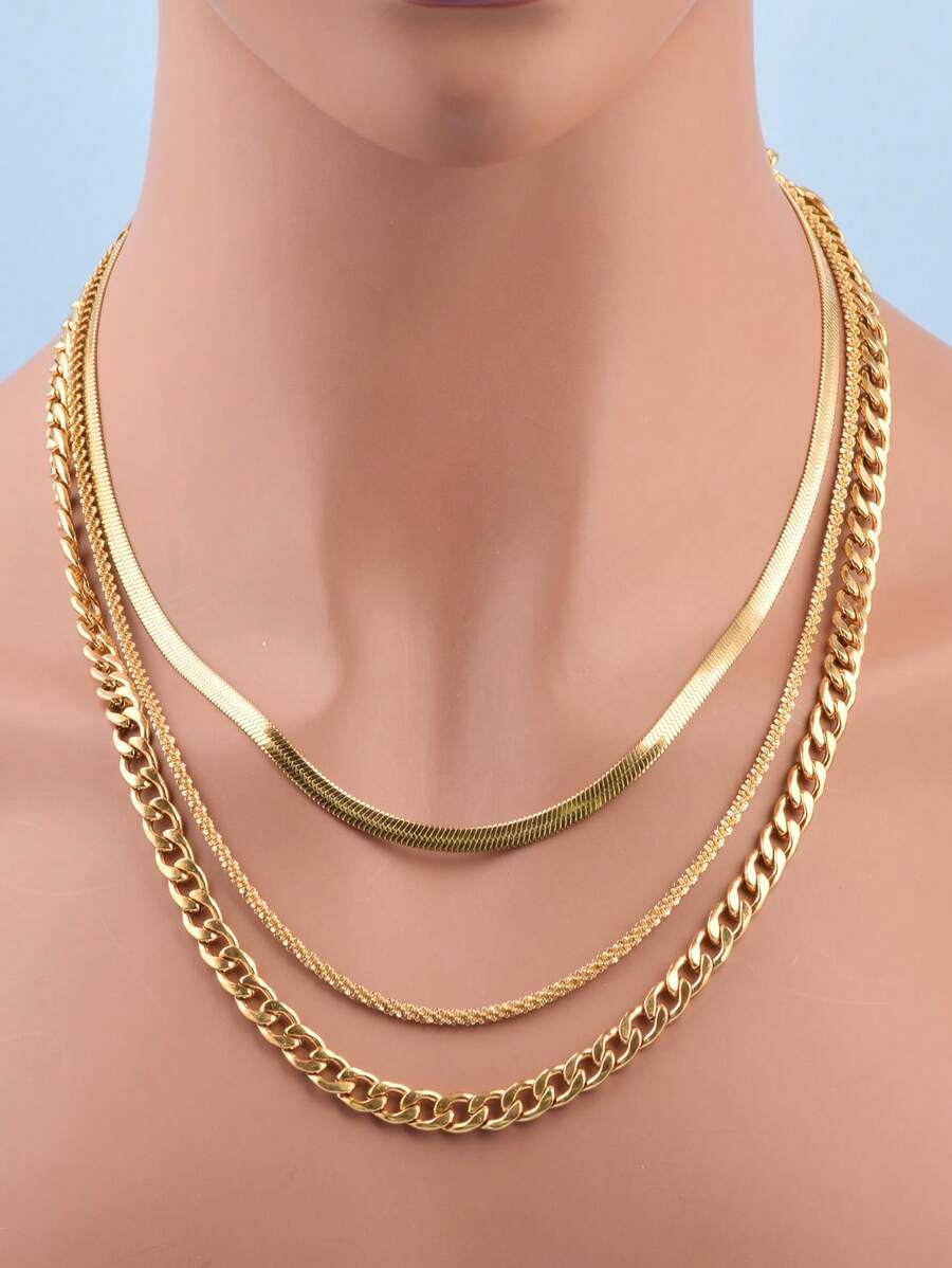 3pcs/Set Stainless Steel Color-Retaining Durable NK Chain + Broccoli Chain + Blade Chain, For Daily Wear In Multiple Layers, Unisex