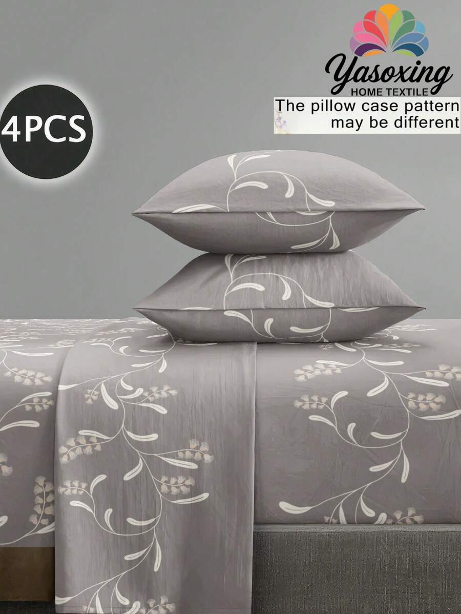 4pcs/Set Botanical Grey Flower Pattern Sheet Set Easy Care Microfiber Soft Bedding Set Floral Fitted Sheet Set (1pc Flat Sheet+1pc Fitted Sheet+2pcs Pillowcases)Fitted Sheet Set King Queen Full TWIN SIZE Sheet Deep Pocket Up To 11.8 Inch Pillowcase, Soft Breathable Wrinkle-Free Better For Sleep, Luxury Hotel Style, Gift For Mom Dad Friend Domitory Bedding Back School Bedding