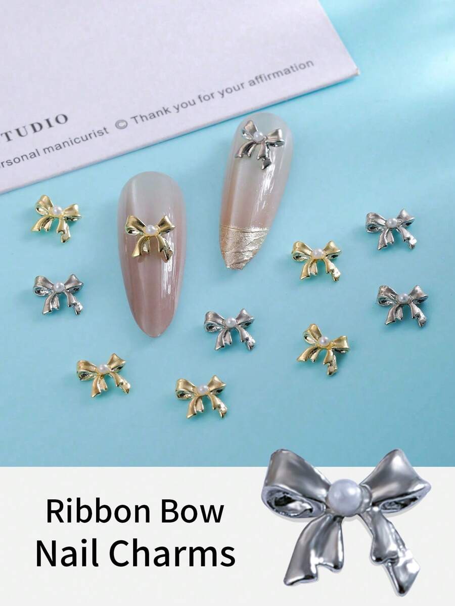 10 pezzi di decorazioni per unghie con perle e fiocchi, accessori arte di unghie in metallo 3D con perle, in oro e argento, gioielli per unghie 3D, forniture per unghie, adatte per saloni di manicure e uso personale