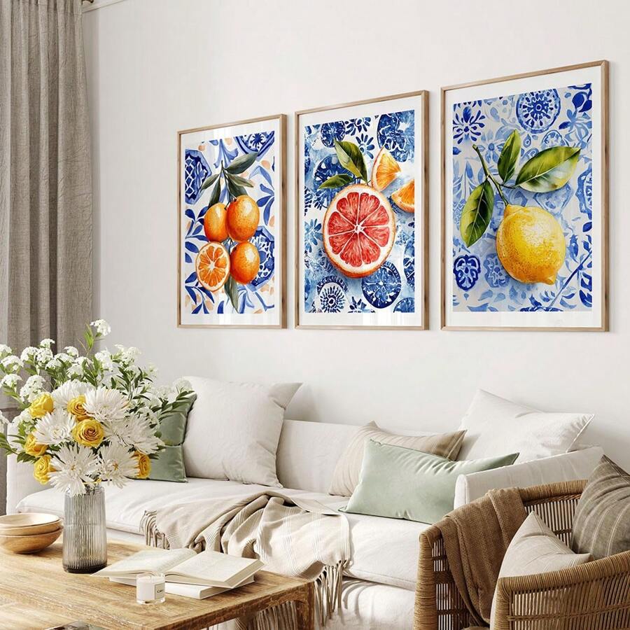 Set de 1/3 piezas Arte de pared con impresiones cítricas, decoración de pared de cocina con temática mediterránea moderna, limón, naranja, pomelo, obras de arte positivas, enmarcados o sin enmarcar