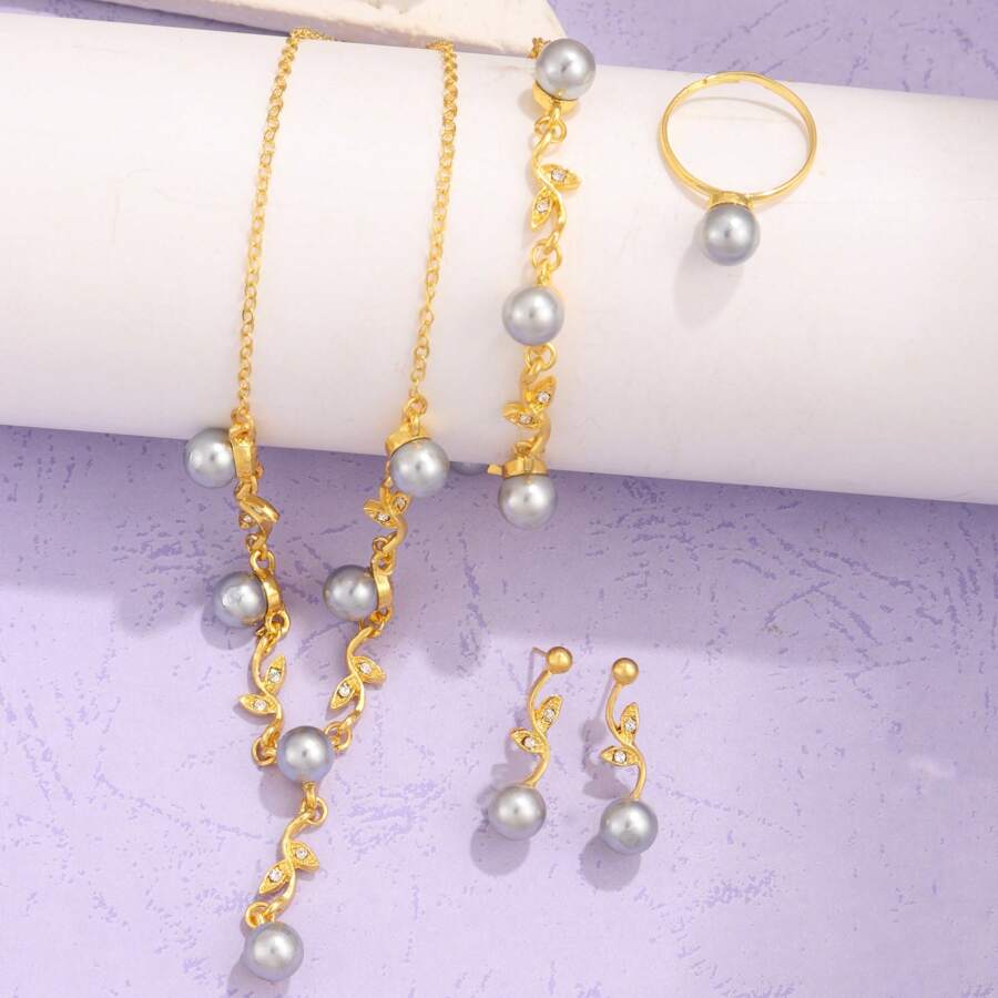 Conjunto de 4 joias femininas de pérolas artificiais em formato de folha de luxo, 1 colar com pingente + 1 par de brincos + 1 anel aberto + 1 pulseira, feito de liga de zinco com pérolas artificiais, elegante e chique, adequado para uso diário, festas, casamentos, feriados, pode ser presenteado para aniversários, festivais