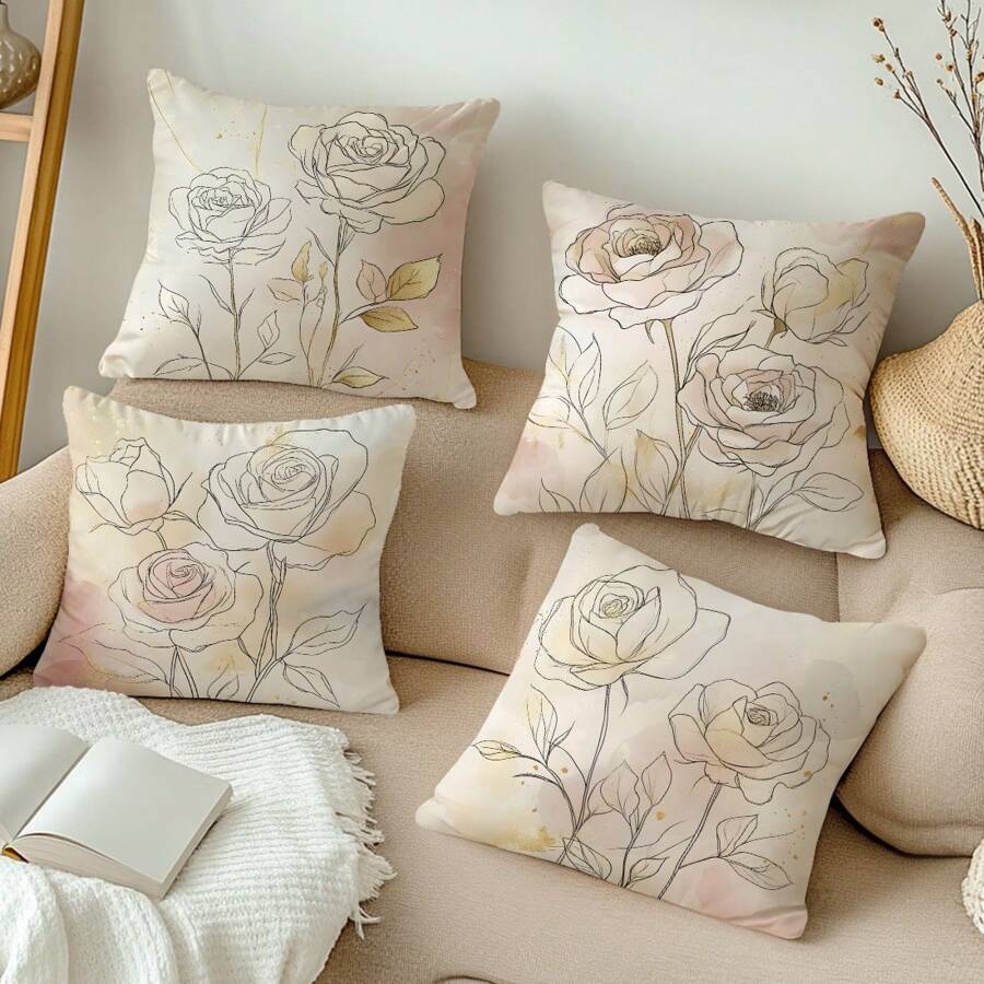 4pcs/Set Bohemian Line Rose Print Throw Pillow Covers, 17.7*17.7in (45*45cm), Single-Sided Printing, Polyester Cushion Covers For Sofa, Bed, Living Room, Bedroom, Car, Office, Hotel Decoration, Great Gift For Family And Friends, All-Season