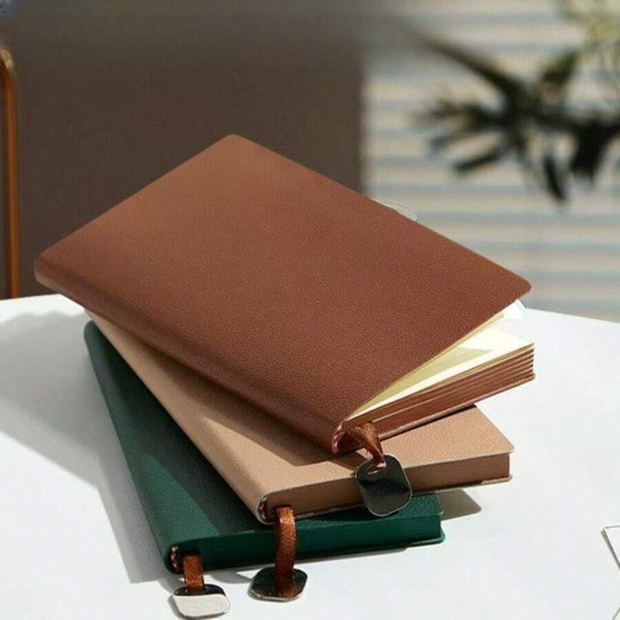 1pc A6 Metal Pendant PU Leather Notebook, 100 Pages Pocket Diary Journal, 6.97in * 3.94in, Hardcover