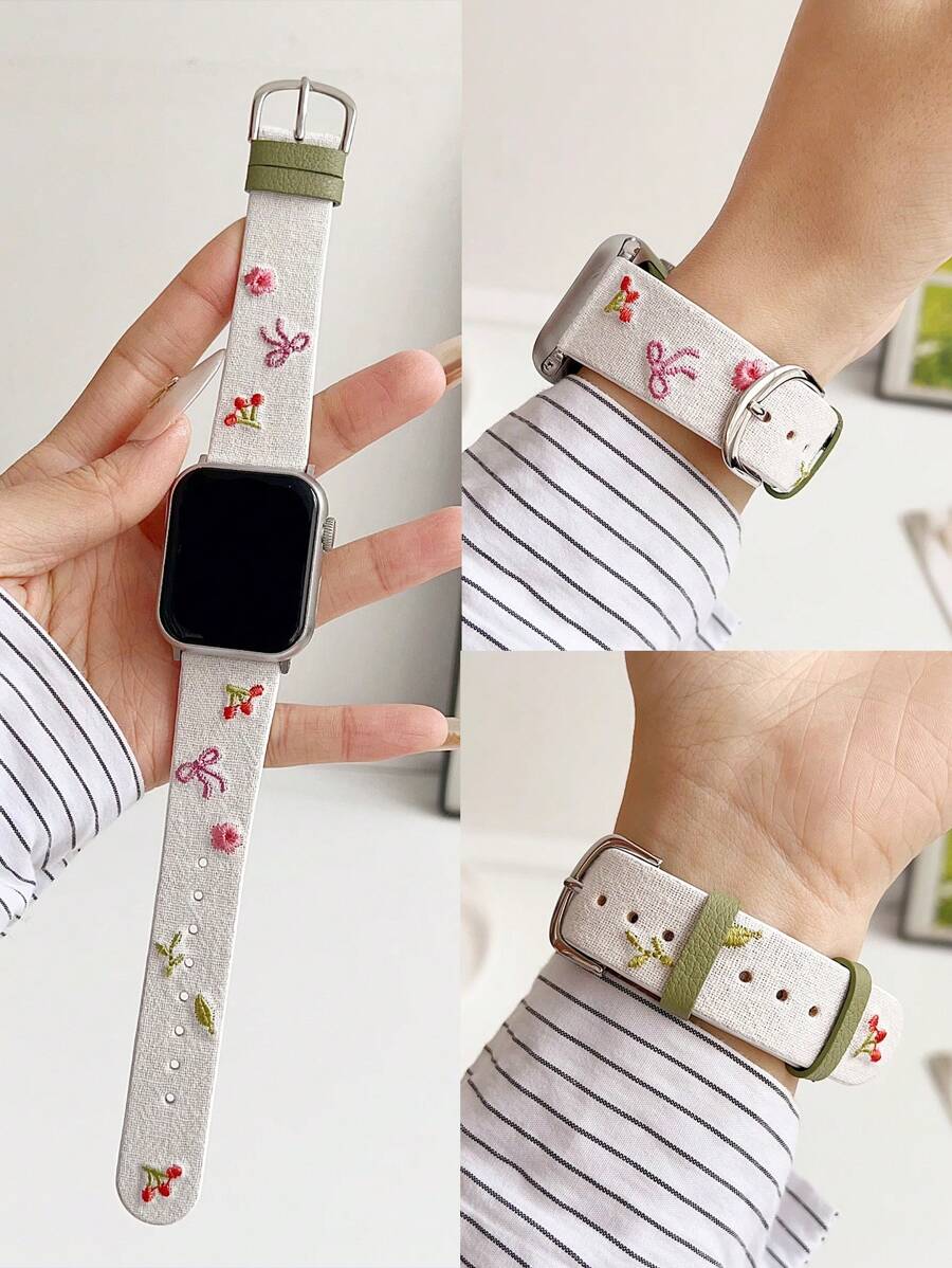 1Pc Women Pink Bow Cherry Flower Embroidered Leather Strap Compatible With Apple Watch Band 38/40/41/42/44/45/49/(S10 42)/(S10 46)Mm, Compatible With Watch Strap S10/Ultra/Se/9/8/7/6/5/4/3/2/1,Stylish And Lovely,INS Style,Watch Band,Smart Watch Band,Mother's Day/Daily/Party Gift
