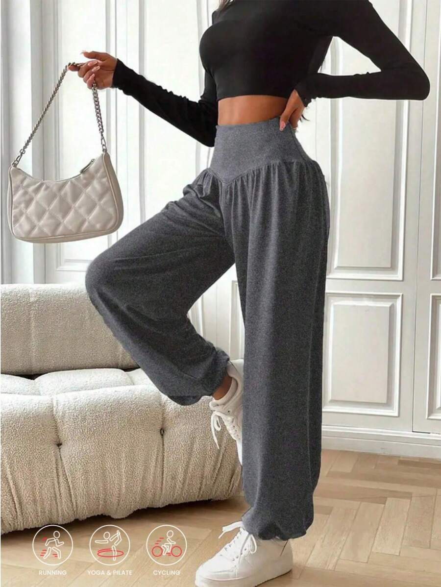 Grey Sports Yoga Pants, Wide Leg Pants, Sports Outdoor Sweatpants, Running Pants, Gym Sportswear, Grey Workout Pants, Athletic Long Pants, Outdoor Cycling Trousers, High Waist Slimming Wide Leg Pants.