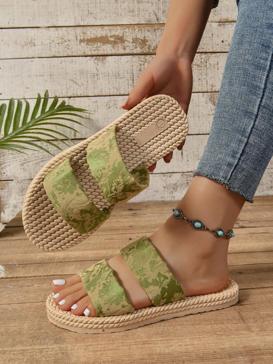 Sandálias Femininas Casuais Plus Size de Sola Grossa com Impressão Verde Boêmia Clássica, Chinelos Confortáveis para Casa/Exterior, Versátil