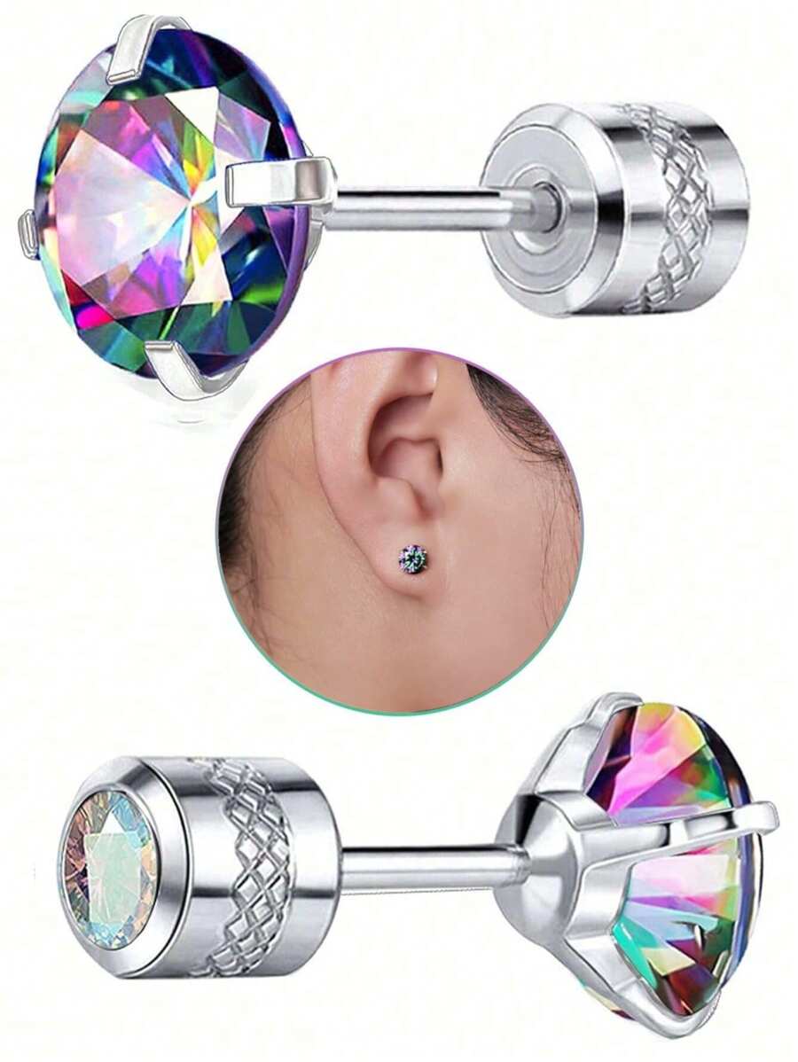2 Pcs Vogue Titanium Steel Spiral Earrings Silver With Colored Zirconia, Hypoallergenic Zirconia Stud Earrings, Unisex Earrings, Graduation Season Gift For Friends