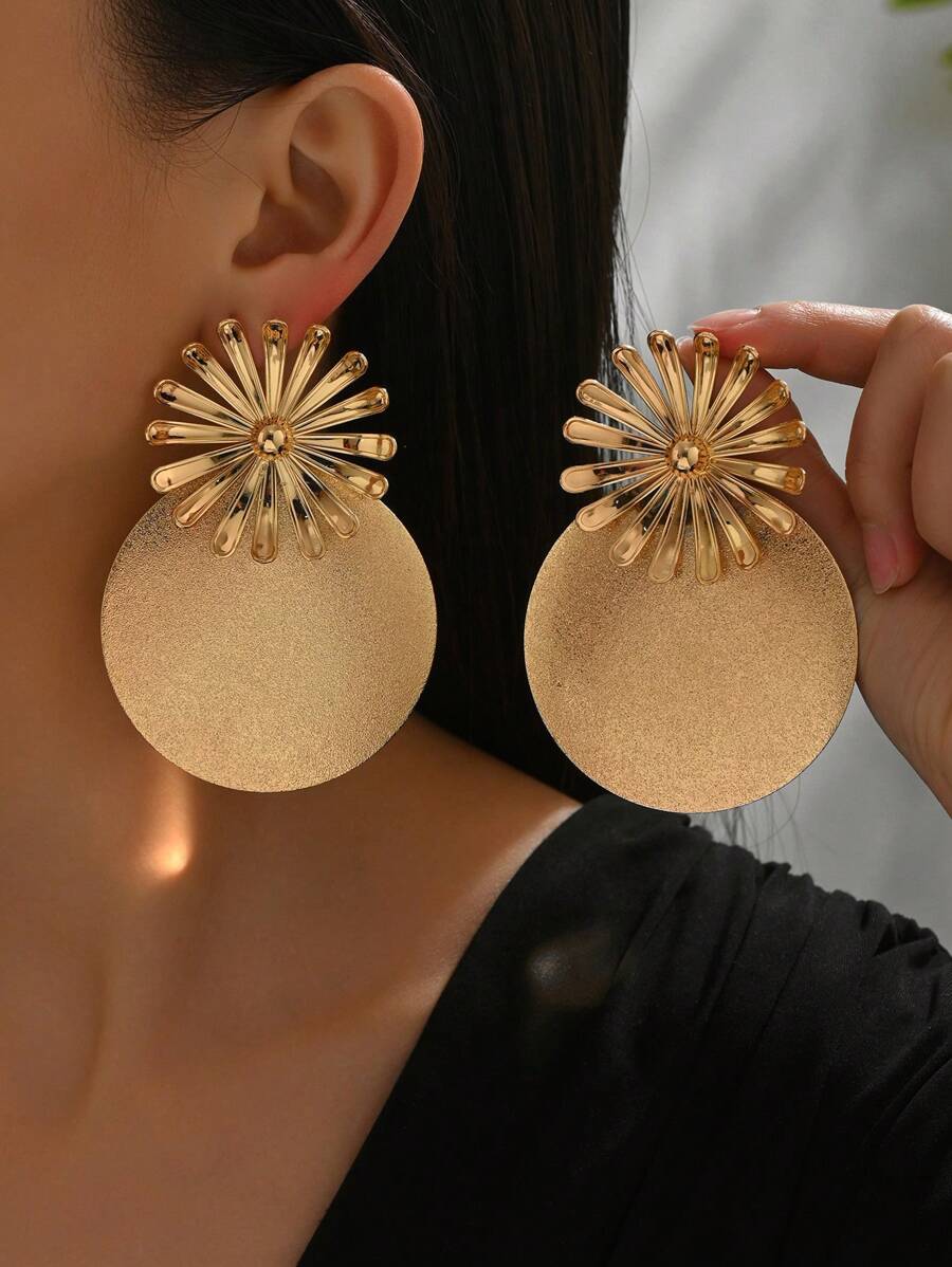 1 Pair Elegant Geometric Frosted Circle & Flower Shaped Earrings For Women, Suitable For Casual Daily Wear