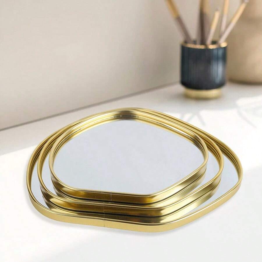 1PC Modern Tray With Mirror Finish - Versatile - Light Luxury Golden Metal Organizer Tray, Perfect For Jewelry, Perfume, Cosmetics & More - Home Decorative Tray, Vanity Living Room Bathroom Bedroom Countertop Decor For Women Storage Organizer Travel Essentials Gift Back To School