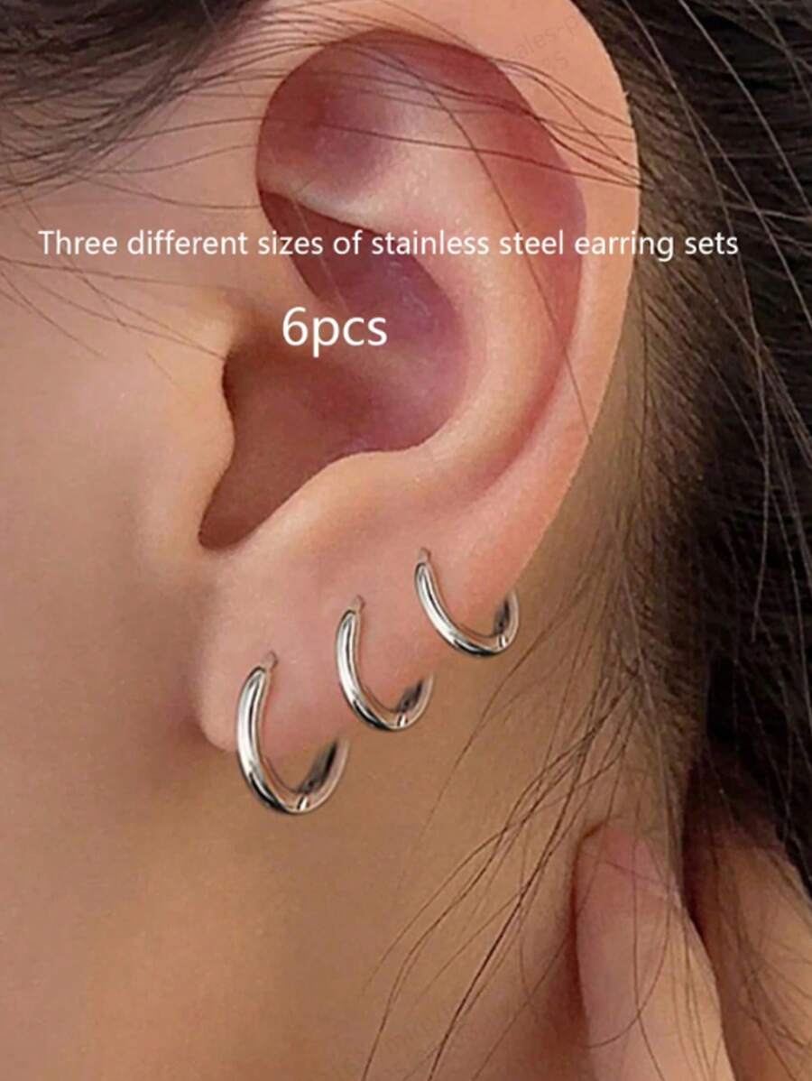 1 Set Multi-Pieces Stainless Steel Hoop Earrings, Silver-Tone, Boho Style, Fashionable & Minimalist Design, Suitable For Men And Women, Daily Wear
