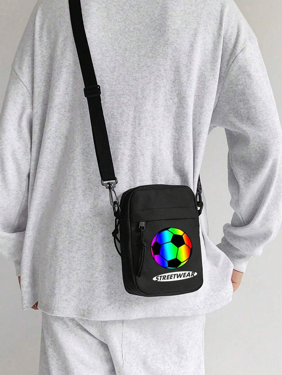 1 pièce Nouveau sac à bandoulière messenger avec fermeture éclair, imprimé lettres football coloré, en matériau nylon, haute qualité avec couleur unie assortie, convient pour les courses quotidiennes, sangle d'épaule réglable, style long lisse, polyvalent et convenant à tous, adapté pour sortir et les loisirs, sac à bandoulière simple et élégant adapté à un usage quotidien