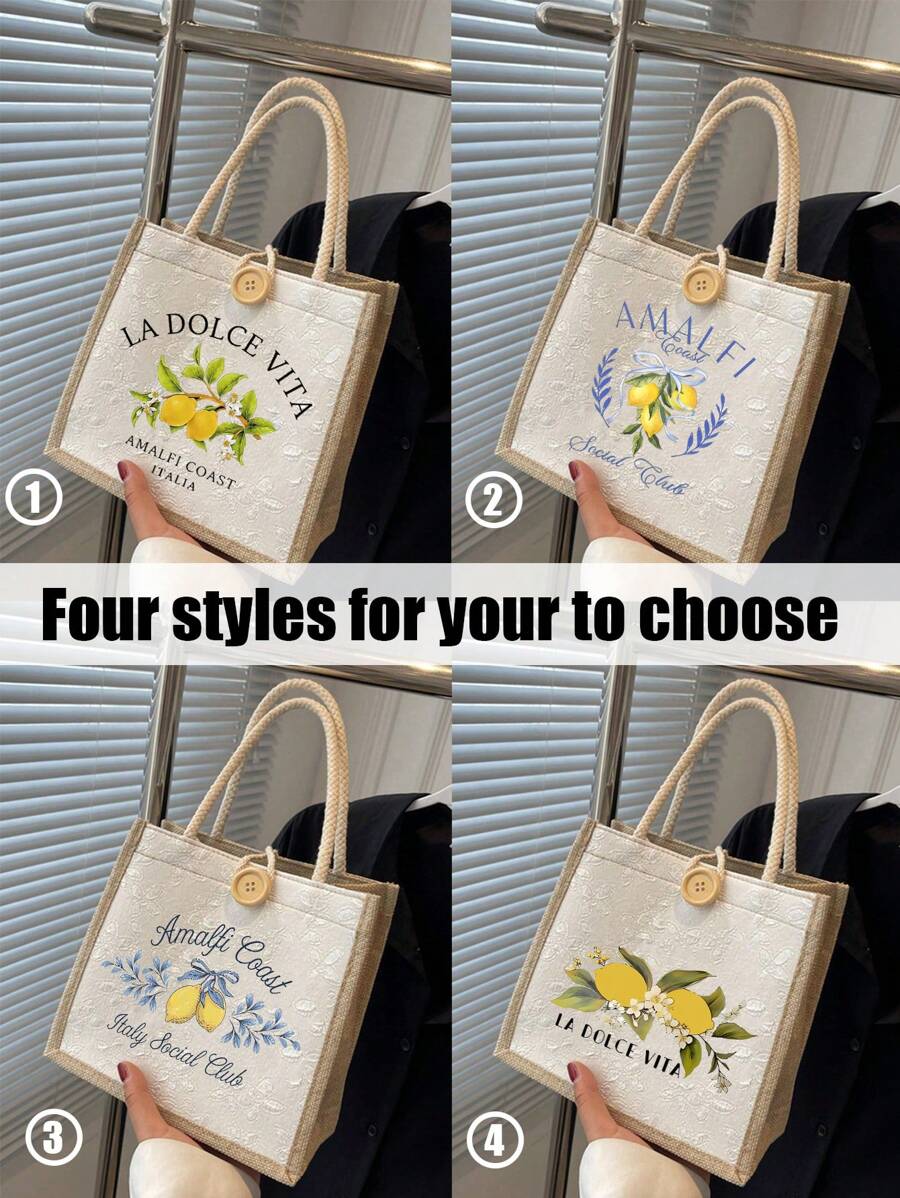 Vibrant Lemon Pattern Printed Tote Bag, Reusable Printed Women'S Tote Bag, Double Handle Shopping School Bag, Large Capacity Shoulder Bag, Casual Tote Bag, Christmas Storage Bag, Suitable For Commuting, School And Shopping, Convenient For Outdoor Use, Gifts For Mom, Friends And Besties, Teacher Gifts, Perfect Choice For Vacation And Festival, Best Mother'S Day Gift