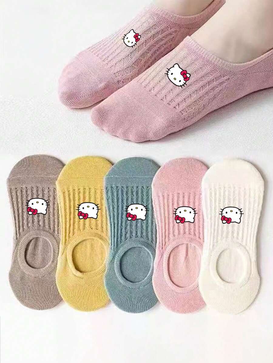 Sanrio Sanrio 1/5pairs Kt Cat Cartoon Cute Anime Pink Series My Melody Mid-Calf Soft Breathable Daily Wear Boat Socks,Personalized, Fun, Rich And Colorful, Creative Anime Cartoon Design, Holiday Gifts