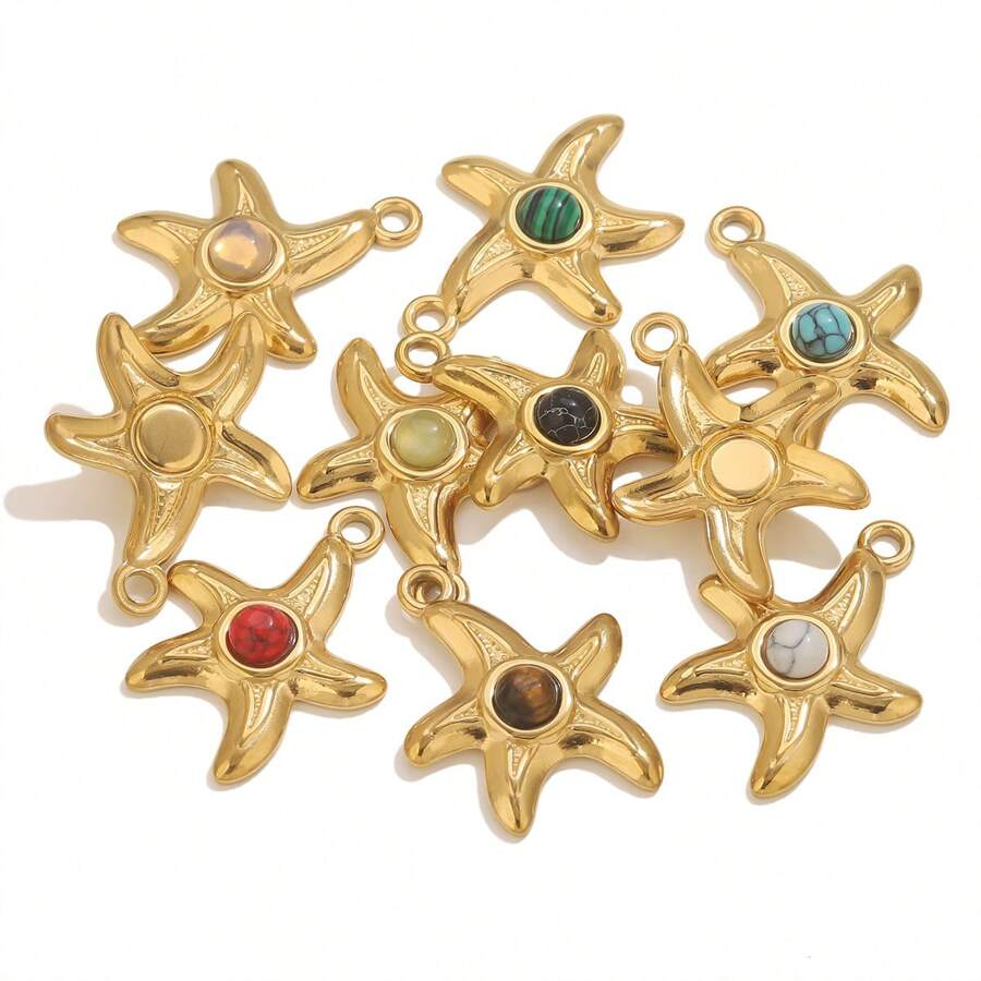 4 pièces Pendentif en acier inoxydable 304 doré, étoile de mer et pierre naturelle, DIY bijouterie, convient pour que les femmes le portent lors de vacances d'été à la plage