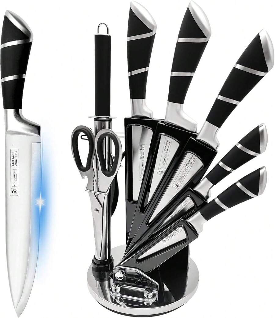 Kitchen Knife Set, 9-Pieces Sharp Non-Stick Coated Chef Knives Block Set,Stainless Steel Knife Set For Kitchen With Sharpener For Cutting Slicing Dicing Chopping