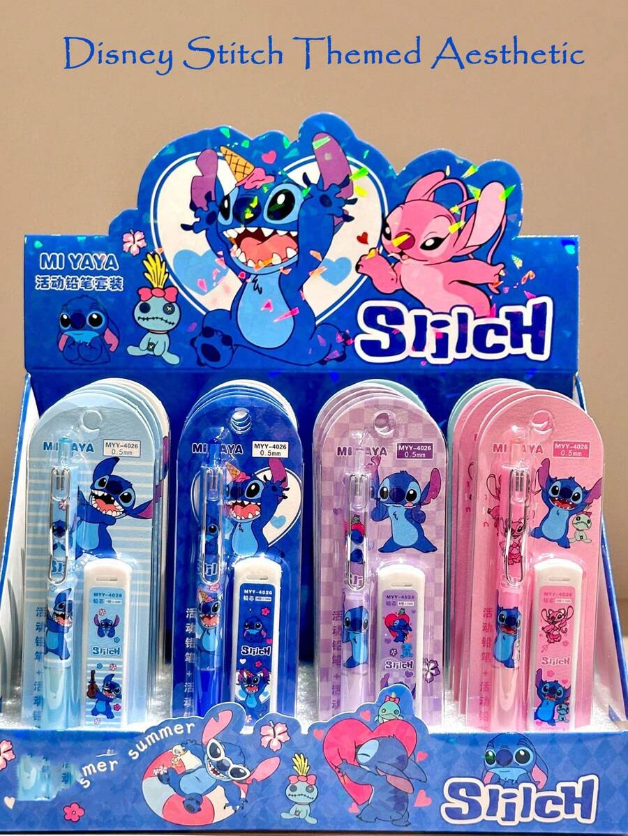 Disney 10pcs Disney Back-To-School Galaxy Edition | Stitch Running & Winking 0.5mm Cute Mechanical Pencil Set With High-Gloss Coating & Cushion Spring Tip - Diamond-Patterned Soft Grip Anti-Slip Ergonomic Design For Kids, Ignite Your Interstellar Study Journey School Supplies,Back To School