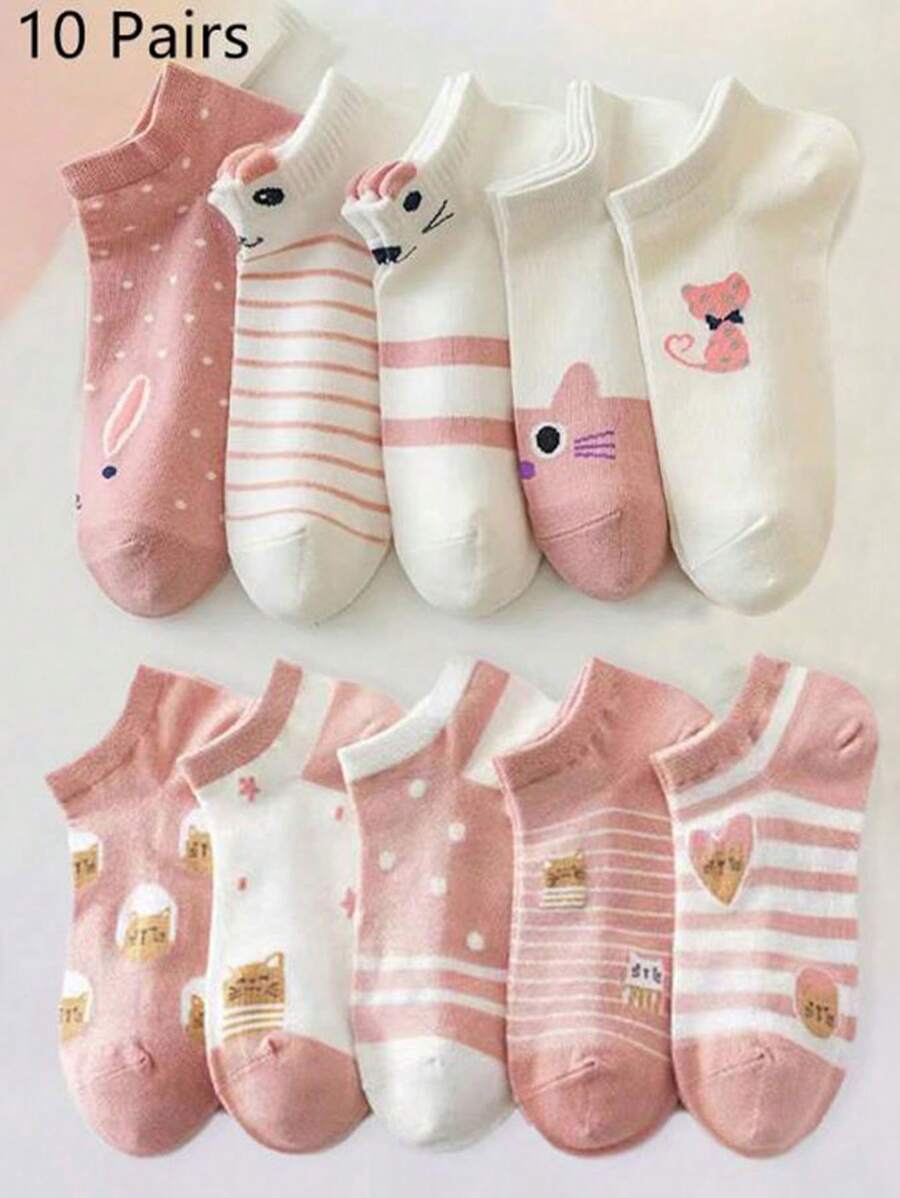 10 Pairs Women Low Cut Ankle Socks, Cute Cartoon Cat Pattern, Casual & Versatile College Style