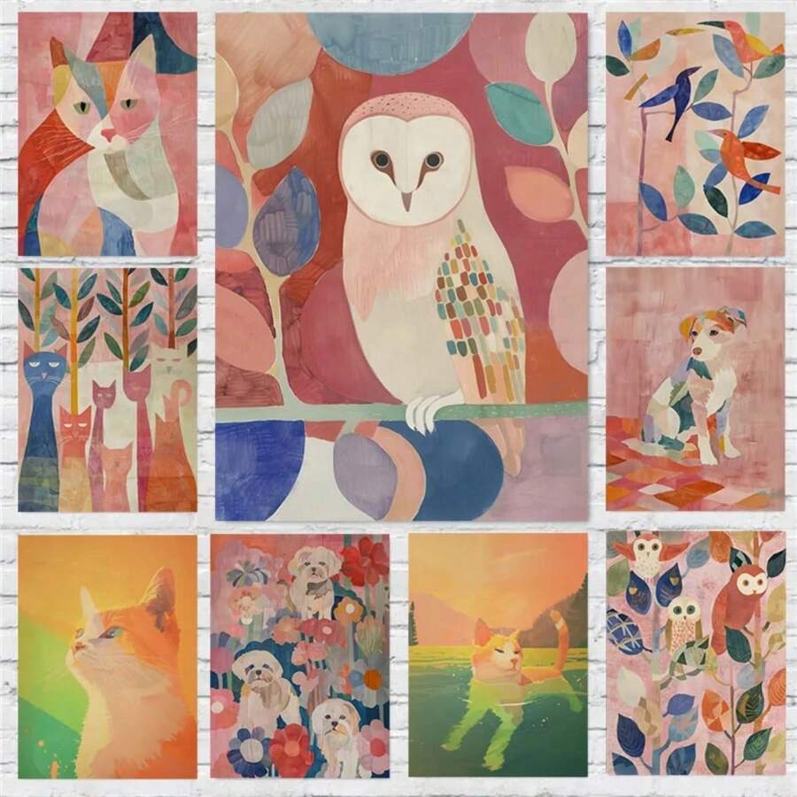1 pièce Affiche imprimée d'art mural représentant un chat coloré, un dinosaure mignon, un hibou, un chat roux, un chien maximaliste. Peinture sur canevas pour décoration de la maison dans les salons, chambres à coucher, salles à manger. Cadres modernes en option, ainsi que des affiches murales, des peintures sur canevas et des cadres réutilisables
