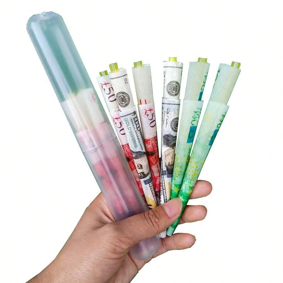 6 piezas de papeles de liar cigarrillos hechos a mano con boquilla, de 110 mm de longitud, previamente enrollados en dolares/libras/euros, con quema lenta y suave, que incluye 1 soporte para papel de cigarrillos