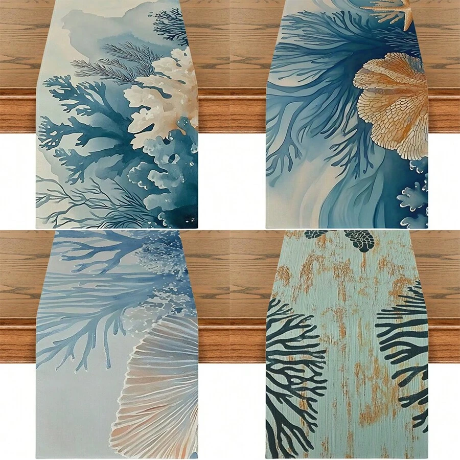 Vintage Nautical Table Runner - Washable Reusable Polyester Decor With Coral Shell Patterns For Dining, Coffee Bar, Events - Multi-Scenario Design
