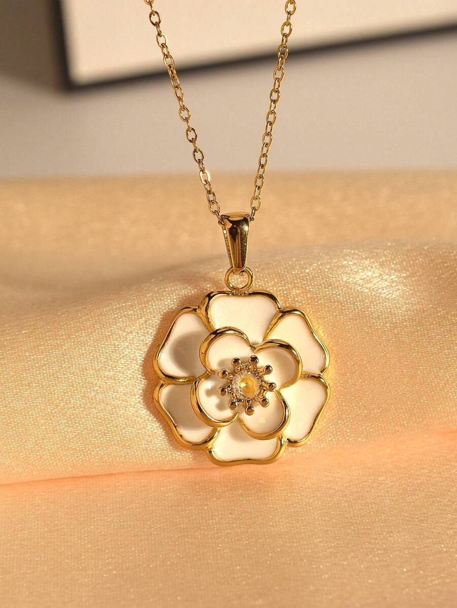 MECYLIFE 1pc Fashionable Crystal & Enamel Oversized Flower Pendant Necklace, Suitable For Women