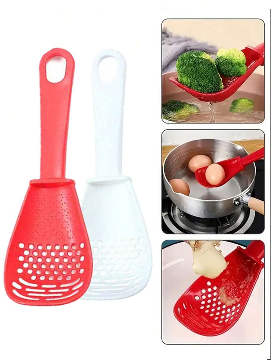 Cuchara multiusos para cocina, que sirve para moler, triturar y escurrir, además de rallar jengibre y ajo, batir huevos, separar proteínas, aplastar patatas y ser una espátula para freír