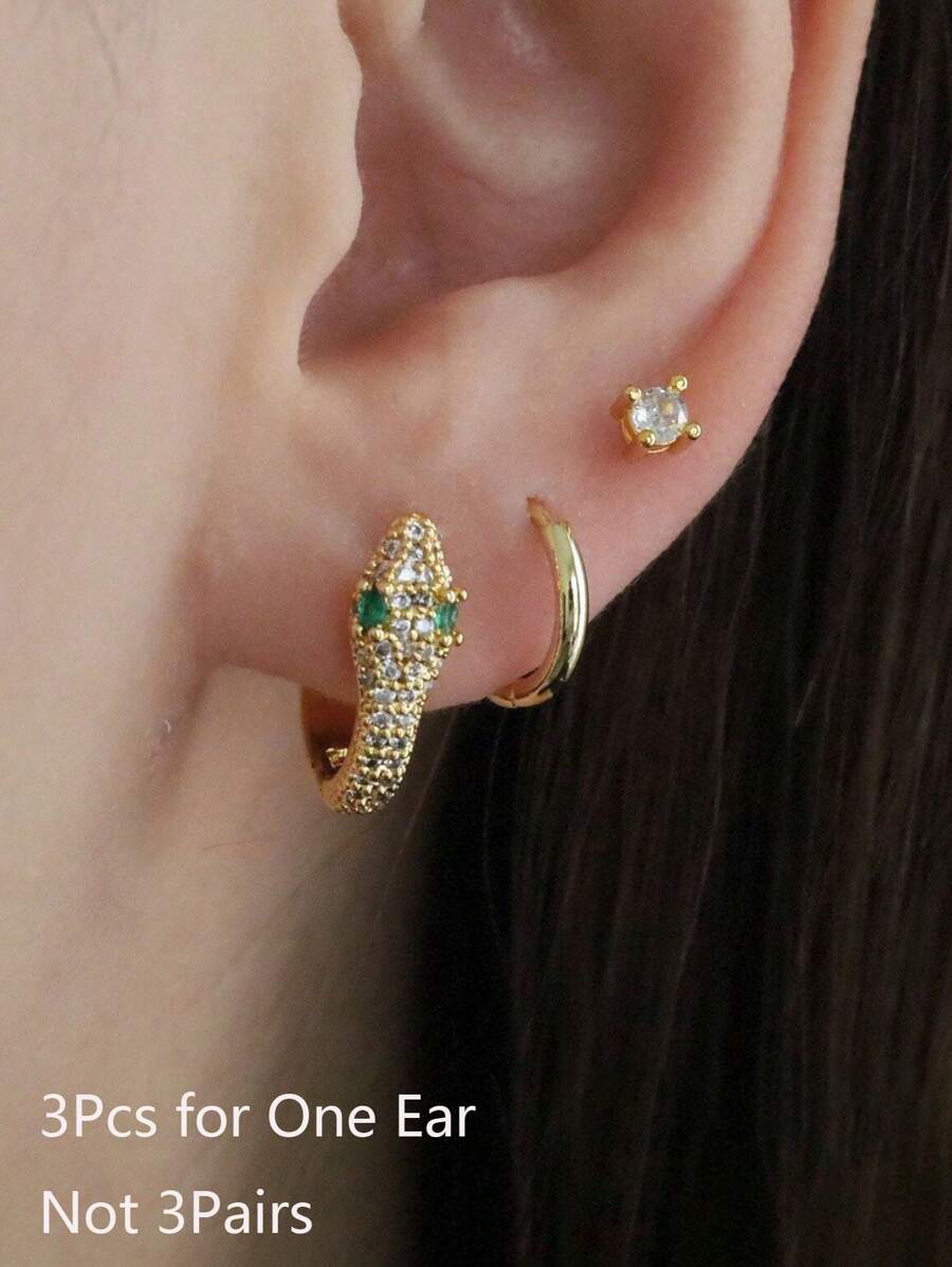 3 PIÈCES/SET Boucles d'oreille superposables en acier inoxydable avec cristaux en forme de serpent pour femmes, boucles d'oreille en forme d'anneaux hélix tragus plaqués or 14 carats pour piercings multiples, bijoux pour femmes et hommes