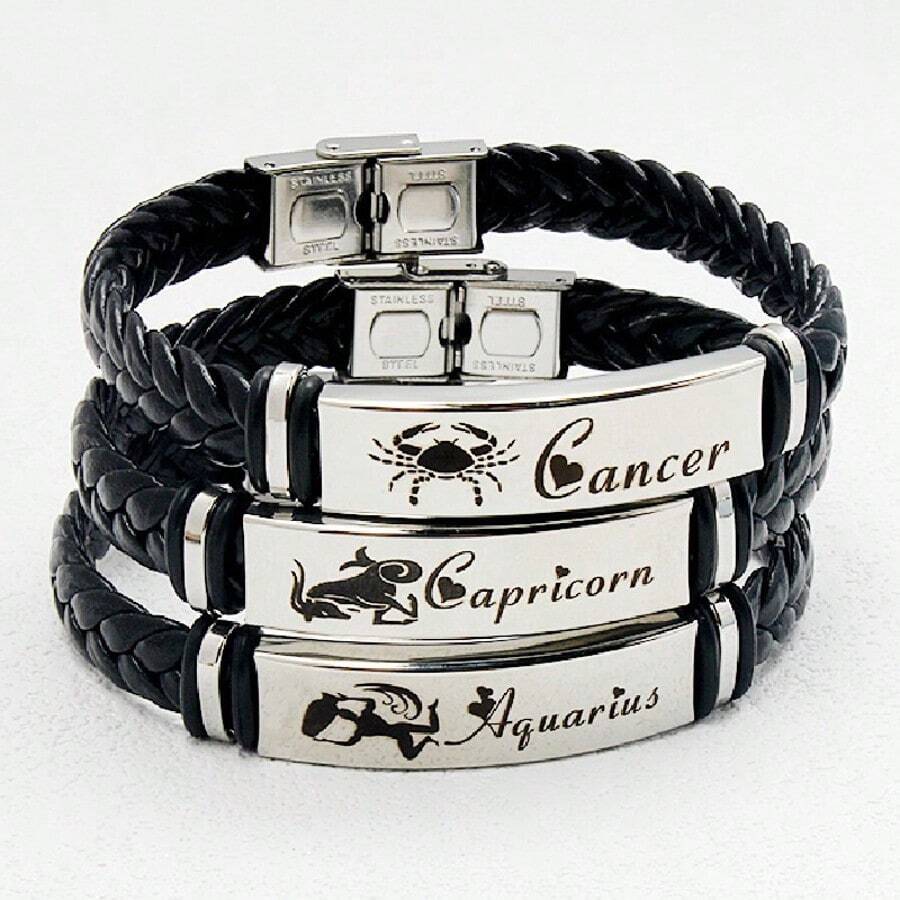 Stainless Steel Constellation Bracelet For Women Men Zodiac Sign Leather Bracelet Wristband Jewelry Birthday Gift
