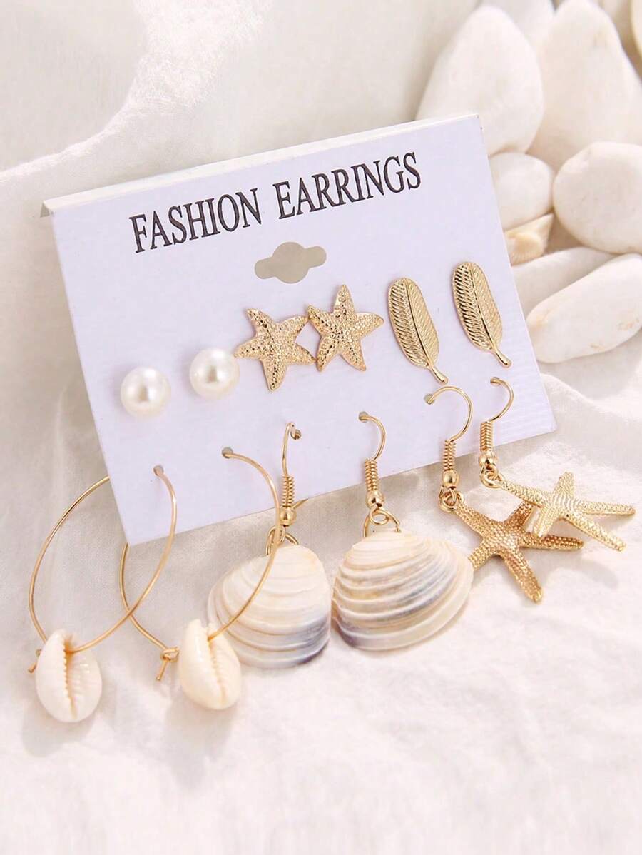 6 Pairs/Set Summer Boho Shell & Starfish Earrings Set For Women, Beach Holiday Party Jewelry Accessories