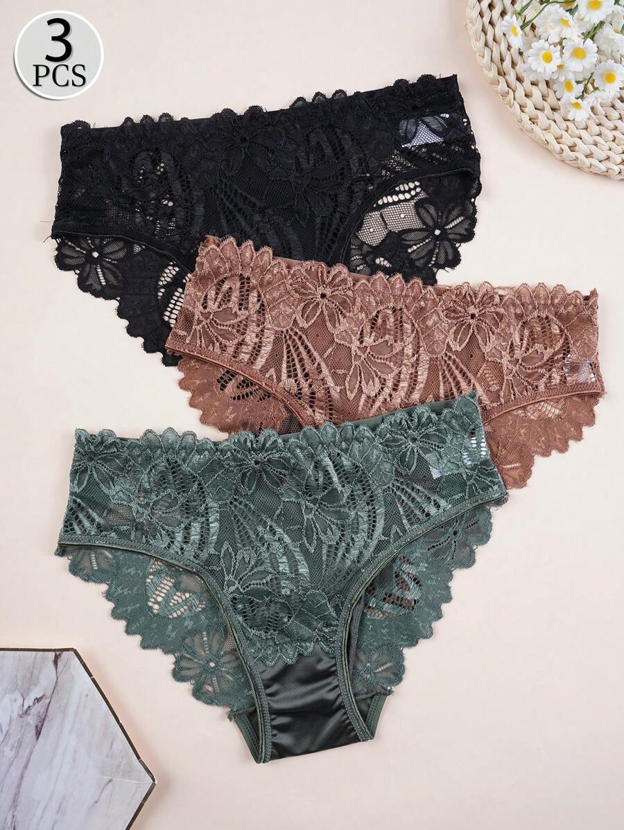 3 Packs Women's Shiny Underwear - Glossy Floral Lace Panties, Vibrant Bloom Design & Buttery-Soft Fit - Elegant Bikini Briefs For Everyday Romance