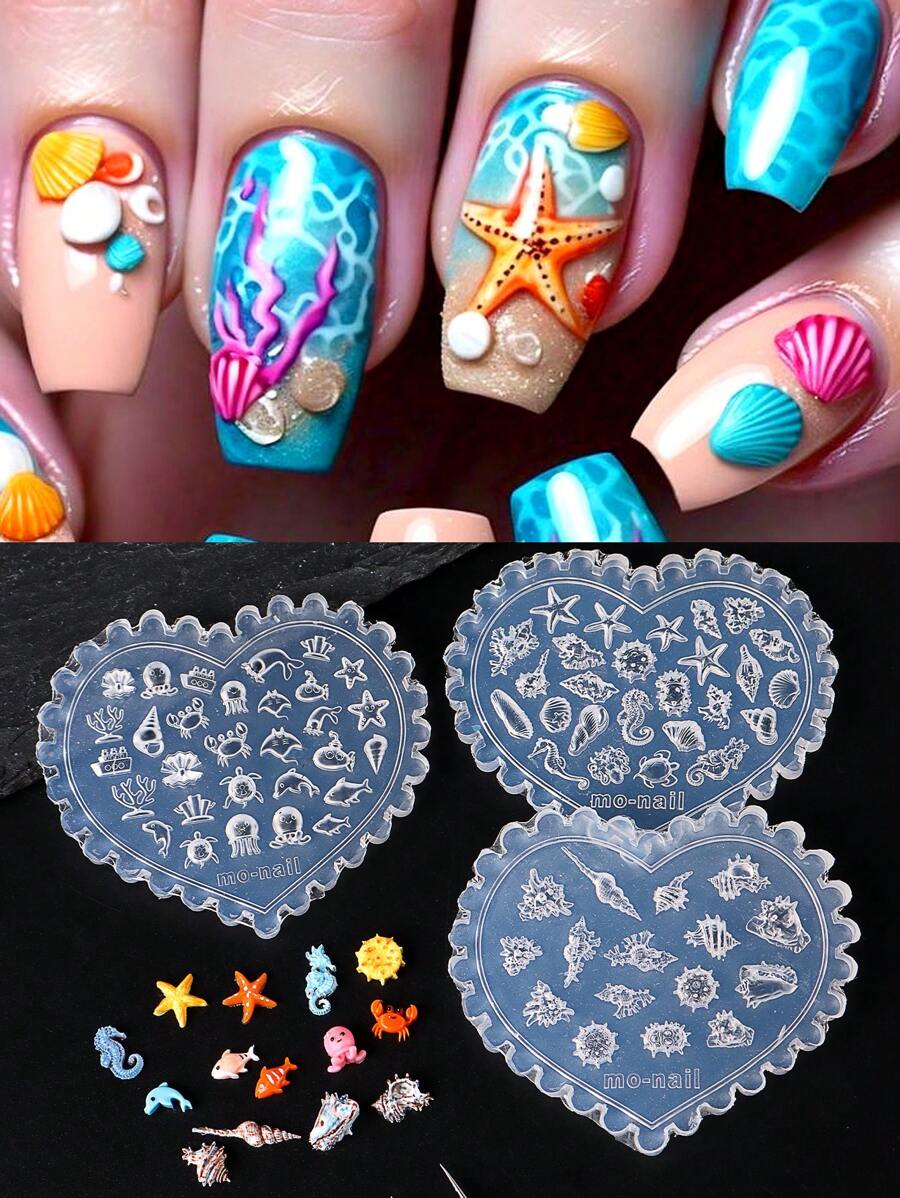 Molde de silicone para esculpir unhas em formato de amor, estrela do mar, oceano, verão, cavalo-marinho, concha de golfinho, molde macio, placa de carimbo, estênceis de impressão em gel, pingentes de luxo para unhas, decoração de manicure faça você mesmo, acessórios de arte, suprimentos para unhas, ferramentas para unhas, ferramentas para arte em unhas, volta às aulas, unhas, ferramentas para unhas de pressão